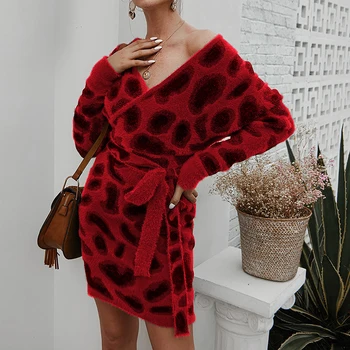 Dolg Rokav Leopard Pleteno Obleko 2020 Jeseni Casual Sexy V Vratu Ženske Pasu Pulover Obleko Zimo Slim Debele Moda Dolgo Obleko