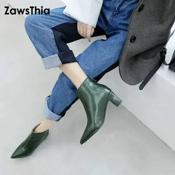 ZawsThia botines mujer 2020 nove zimske konicami prstov med petah ženska črpalke stiletto čevlji zelena ruske zip gleženj škornji velikosti 47 48