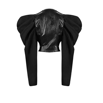 GALCAUR Asimetrične Bluzo Za Ženske V Vratu Puff Dolg Rokav Ruched Čipke Pu Ulične Bluze za Ženske do leta 2020 Modna Oblačila Nova