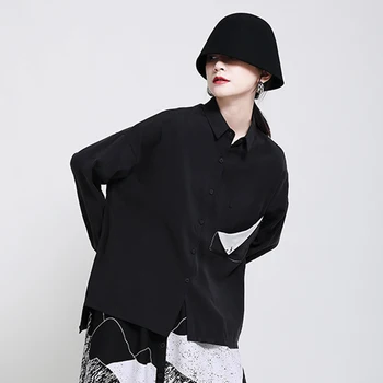 CHICEVER Mozaik Hit Barve Bluzo Za Ženske River Dolg Rokav Svoboden Prevelik Black Minimalističen Bluze za Ženske do leta 2020 Moda Nova
