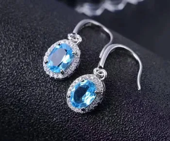 Naravni modri topaz gem spusti uhani 925 srebro, naravni gemstone uhani Elegantno elegantno krog žensk stranka nakit Uhani