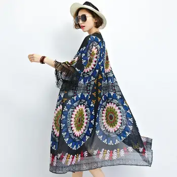 Plus Velikost Šifon Dolgo kimono Čipke Jopico Bluzo Ženske 2020 4XL 5XL 6XL 7XL Cvetlični Pomlad Poletje Boho korejski Brezrokavniki Bluze