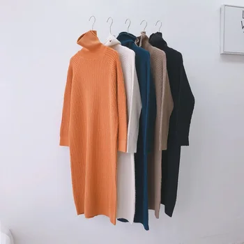 Črna turtleneck Kašmir plesti Pulover Obleko ženski jeseni, pozimi 2020 novi korejski Prevelik svoboden dolgo dno puloverji obleko