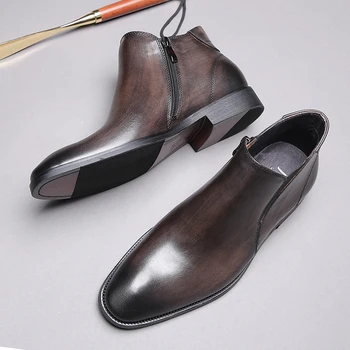 New Visoke Kakovosti Luksuzni Zip Moških Chelsea Škornji Pravega Usnja, Modni Gleženj Boot Oblikovalec Black Brown Mens Obleka, Škornji, Čevlji