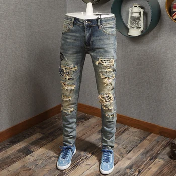 Ameriški Ulične Mode Moške Jeans Retro Rumena Pranje Slim Uničeno Ripped Kavbojke Moški Cobra Vezenje Oblikovalec Hip Hop Kavbojke