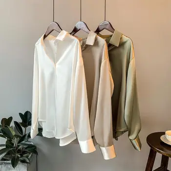 Ženske dolg rokav Saten majica 2020 spomladi in jeseni novo ohlapno zavesa občutek retro Hong Kong slog majica vrh