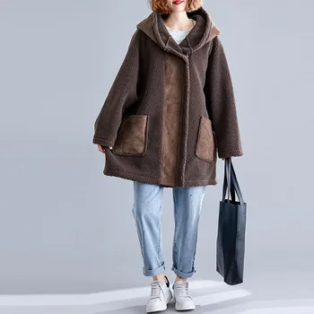 Vintage Krzno Plašč Ženske Plus Velikost Long Sleeve Hooded Svoboden Splice Usnjeno Jakno Jesen Zima Dolgo Cardigan Coats 2019 5XL 6XL