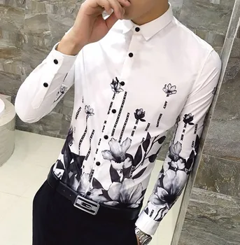 Jeseni Mode Cvet črnega Tiskane Majice z Dolgimi Rokavi Moški Camisa Socialne Moški Slim Priložnostne Srajce Moške Camisas Masculina