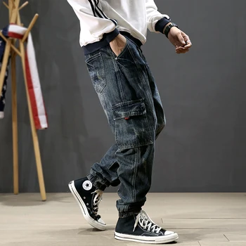 Japonski Modni Oblikovalec Moške Jeans Letnik Raztrgala Harem Jeans Moške Cargo Hlače Retro Modra Ohlapno Fit Hip Hop Joggers Kavbojke Homme